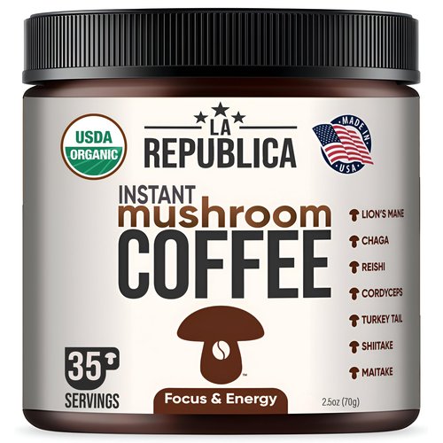 La Republica Organic Instant Mushroom Coffee 2-Pack (70 Servings), 100% Arabica with Lion's Mane, Reishi, Chaga, Cordyceps, Shiitake, Maitake, Turkey Tail