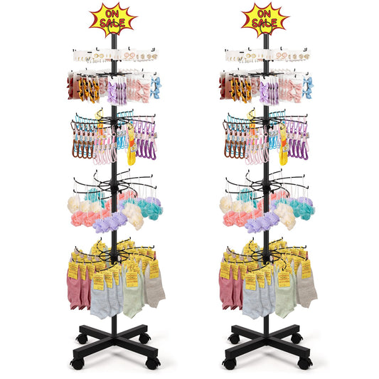 Flenpptly 2 Pack Retail Display Stand, 5-Tier Rotating Display Rack for Store Display, Movable and Adjustable Spinning Display Stand for Earrings, Jewelry, Keychains, Socks Display (2 Pack Black)