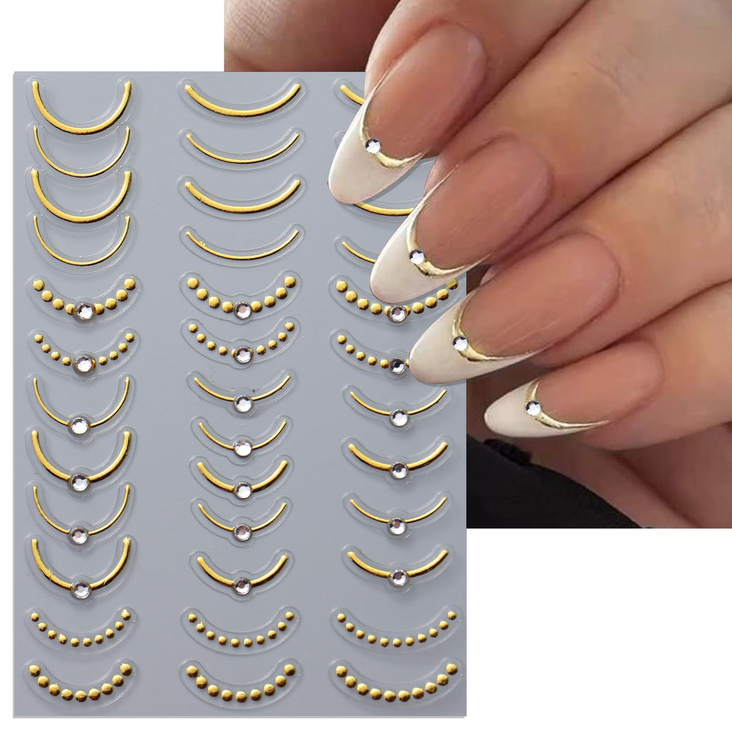 IDDFEVE Rhinestone Studded French Line Nail Art Stickers - 3 Colors Gold Sliver Black Crystal Diamond Self-Adhesive Curved Stripes Nail Decals, French Tips Guides for DIY Manicure (3 Sheets)