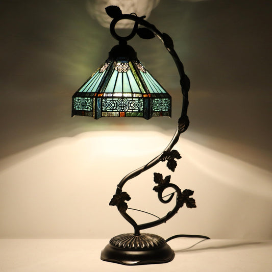 LXHCYOU Tiffany Table Lamp, Stained Glass Desk Light, 8X10X21 Inches, Metal Leaf Base (Sapphire Style)