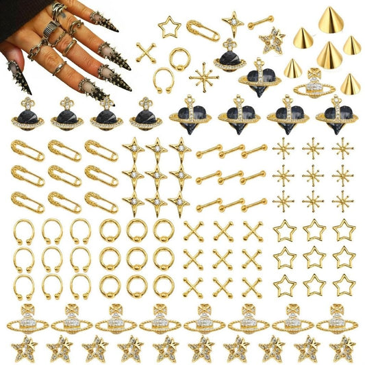 110 pcs Gold Punk Nail Charms 3D Goth Jewelry Kit, Y2K Metal Planet Star Cross Spike Accessories, Alloy Rhinestones for Acrylic Gel Art Design (Punk)