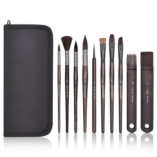 10 Pieces Paint Brush Set, Artist Series, Nylon Bristles with Round, Flat, Fan, Angle, Detail Brush, Suitable for Artists and Beginners for Acrylic Painting, Oil, Watercolor, Gouache(Black)