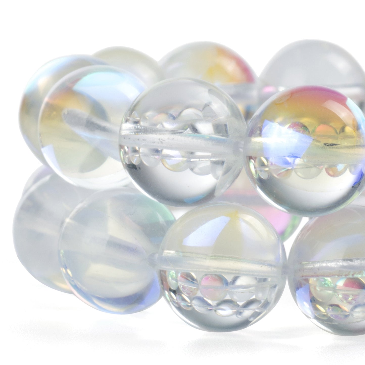 RUBYCA Round Moonstone Crystal Glass Beads Aura Iridescent for Jewelry Making (1 Strand, 10mm, White)