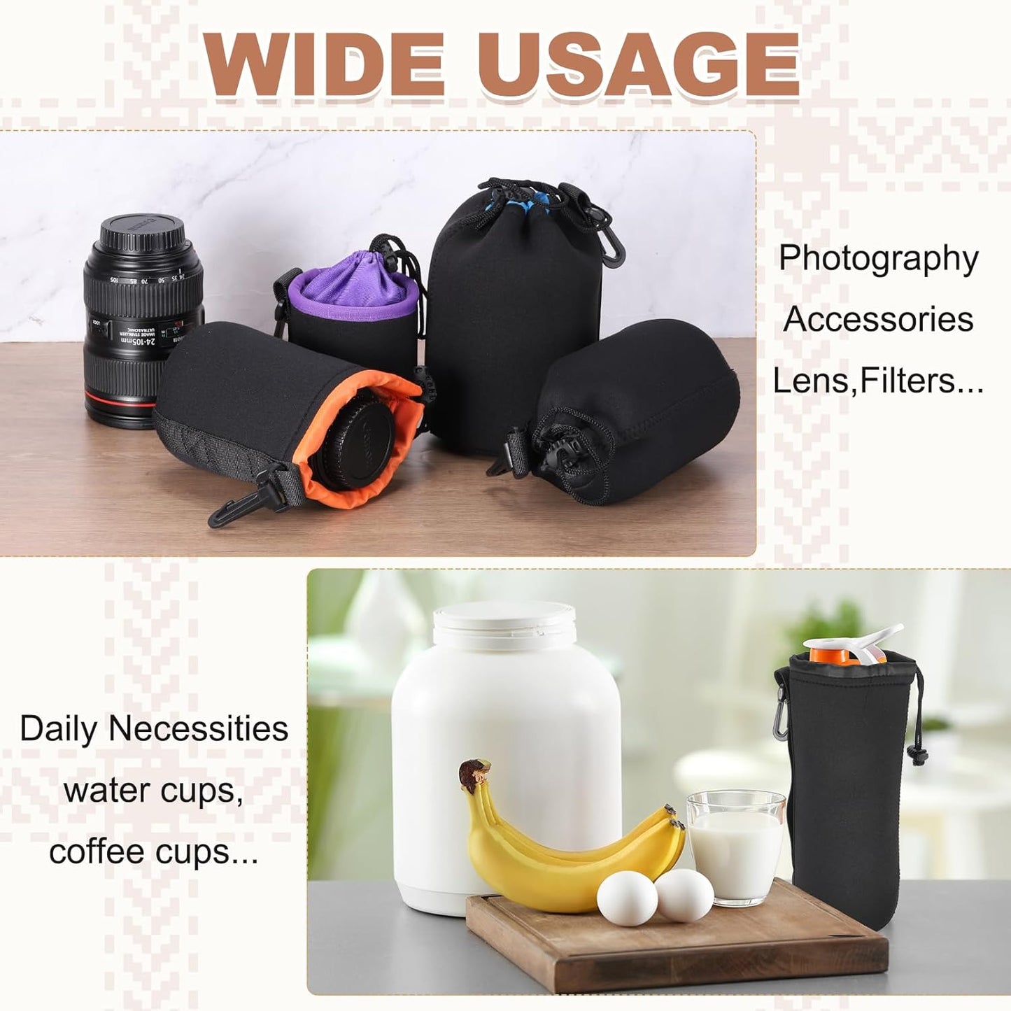 2 4" 10" PATIKIL Pcs Camera Lens Pouch, ID x H Drawstring Lens Pouch Protective Camera Lens Case Bag Soft Plush