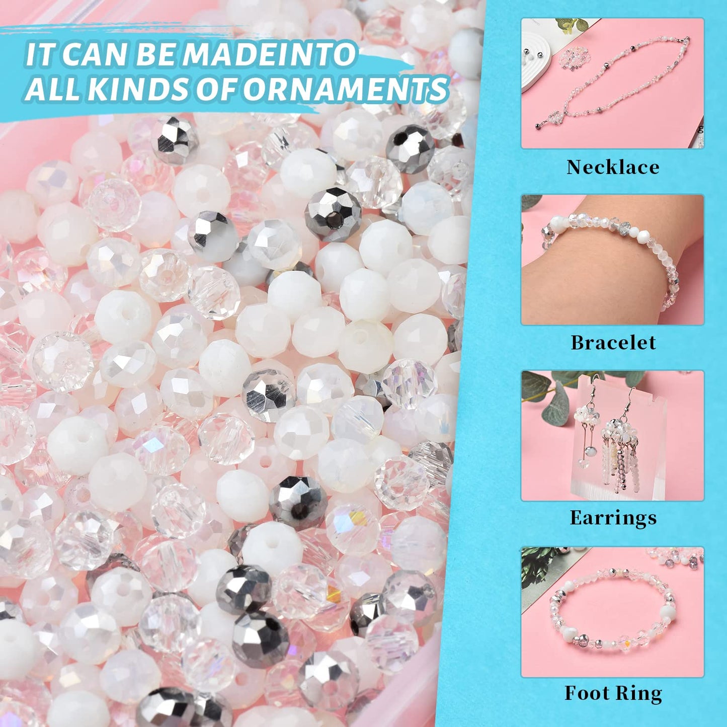 KINGSHINE Crystal Rondelle Beads for Jewelry Making,1000pcs Briolette Glass Beads Plated Color Round Spacer Beads for DIY Bracelets,Necklaces,Earrings(4,6,8mm)