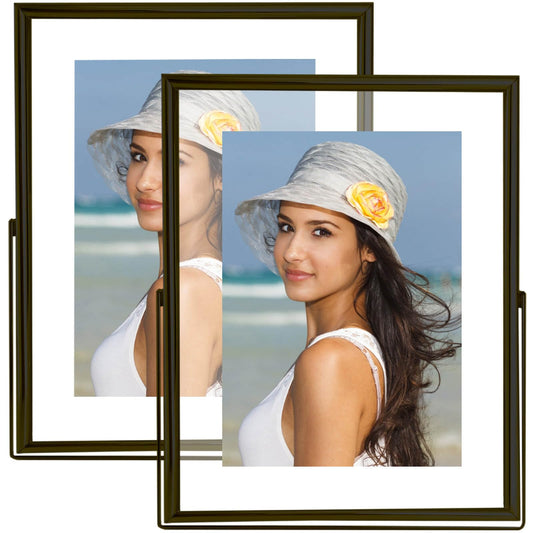 CROXXID 5x7 Floating Picture Frames Set of 2, Made of Metal and Double Real Glass, for Photo Size up to 7x9, Tabletop Display Home or Wedding Decoration (Vertical Black)