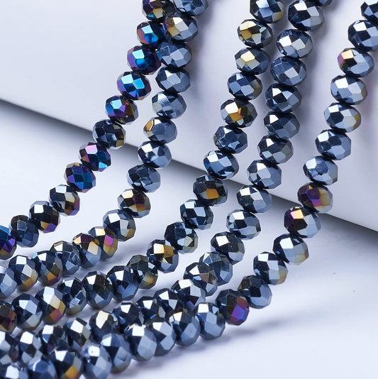 10 Strands Briolette Faceted Rondelle Glass Beads 4x3mm Black AB Color Opaque Glass Tiny Spacer Beads 1300pcs for Bracelets Jewelry Making