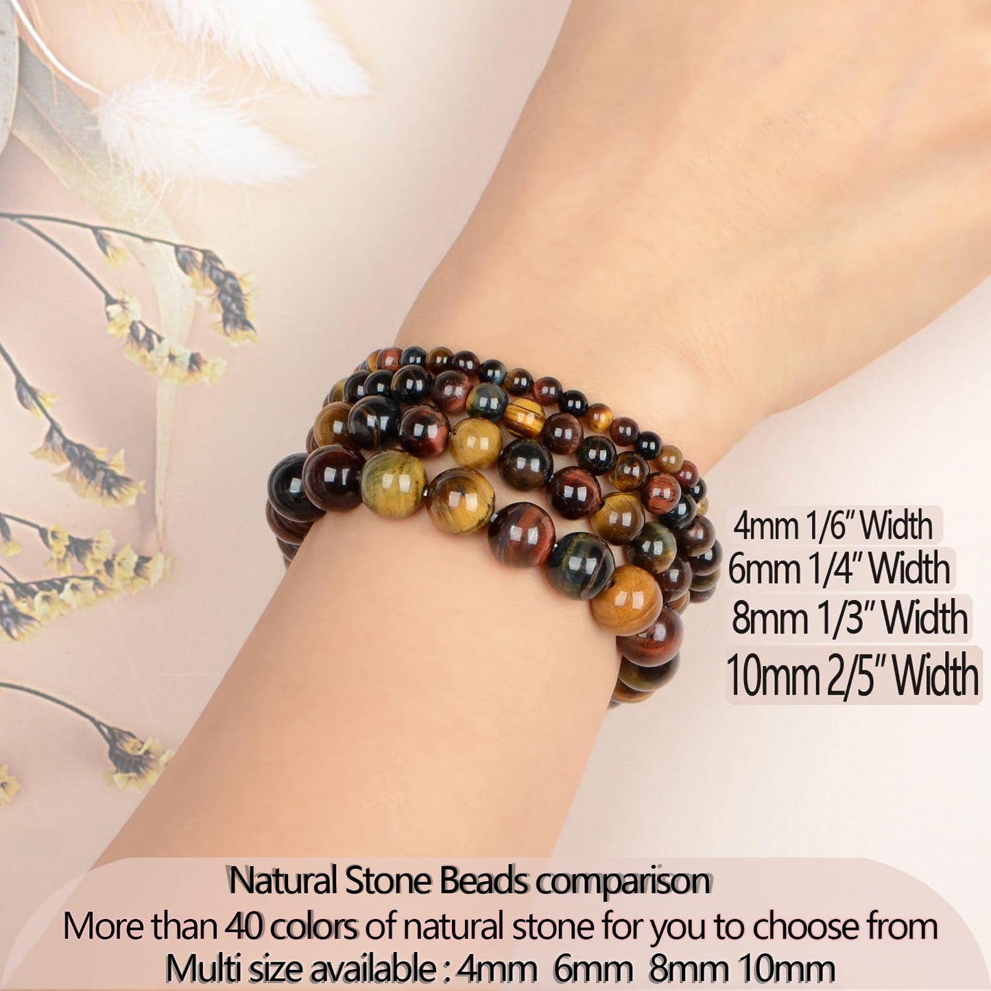 LPBeads Handmade Natural Gemstone Stretch Elastic 8mm Multicolor Tiger's Eye Bracelet Healing Crystal Round Stone Beads Jewelry Gifts for Women Men