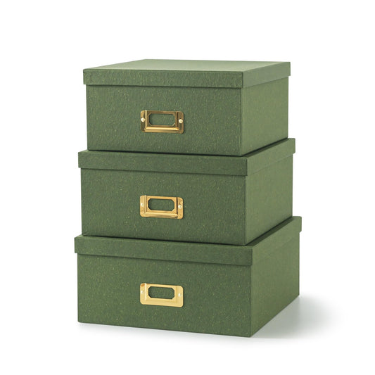 Soul & Lane Green Kraft Paper Boxes for Storage - Set of 3 Square Stacking Boxes with Lids and Gold Label Holders, Decorative Photo Storage, Nesting Cardboard Set for Decor and Organizing