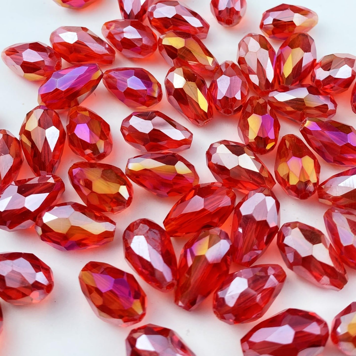 Honkoolly 50pcs 10x15mm Teardrop Crystal Glass Beads Vertical Hole Faceted Glass Teardrop Spacer Beads for Bracelets Necklace Earring DIY Jewelry Making Craft(Red AB)