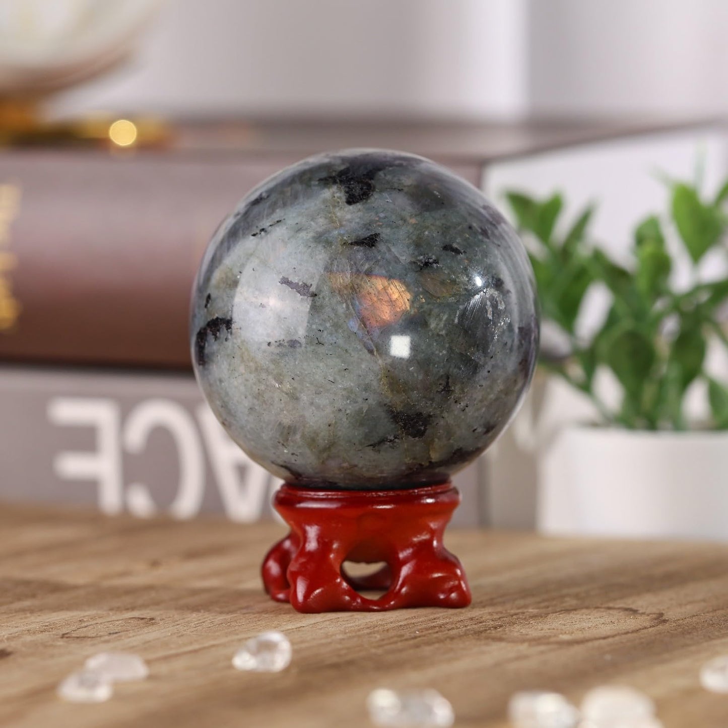 TUMBEELLUWA Labradorite Crystal Ball with Stand for Fortune Teller Witchcraft Divination, Decorative Gemstone Sphere for Home Decor, 61-70 mm