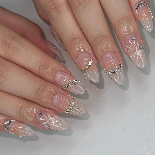 Almond Press on Nails Medium Fake Nails with Pearls Rhinestones Butterfly Designs Glossy Glue on Nails Press ons Pink Full Cover Artificial Stick on Nails for Women 24Pcs