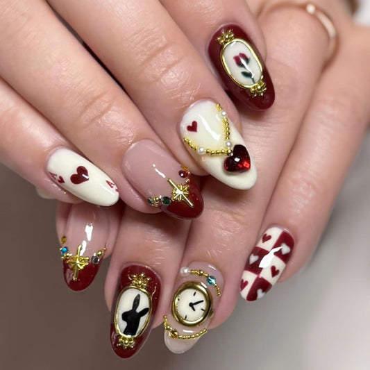 Almond Press on Nails Medium Fake Nails Red Artificial Nail Cherry and Heart Love Designs Gold Charm Stick on Nail for Women 24pcs
