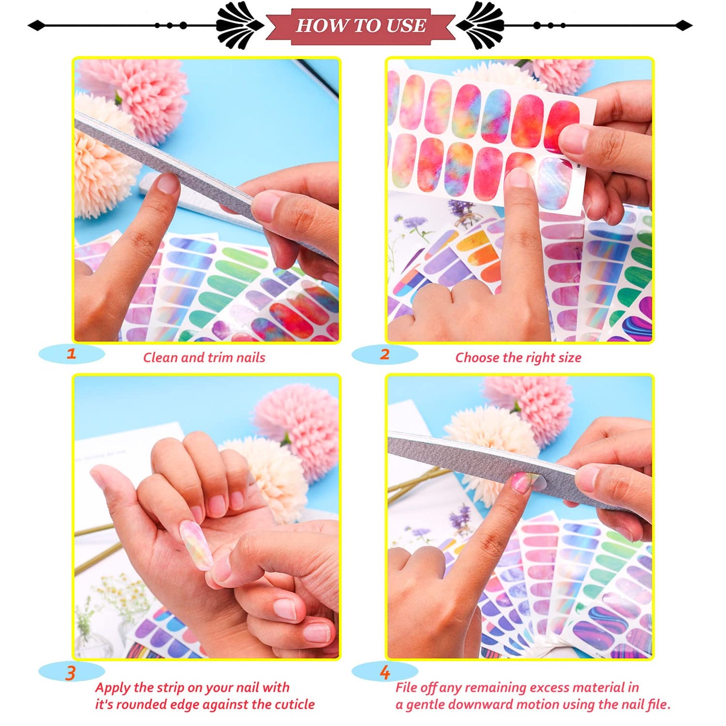 JERCLITY 24 Sheets Nail Polish Strips Wraps with Nail File Self-Adhesive Nail Stickers Gel Nail Strips for Women Girls