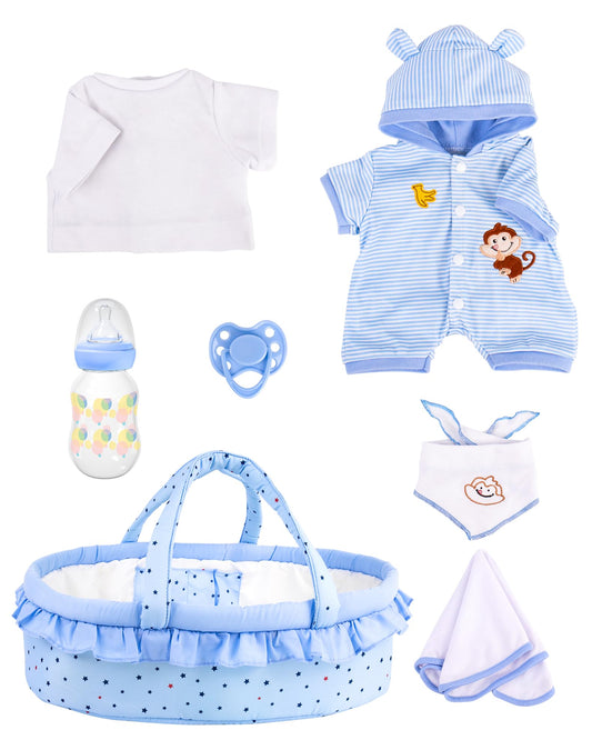 Aori 7 Pcs Reborn Baby Dolls Outfit Set with Bassinet Accessories for 16-18 Inch Newborn Doll, Blue Carrier Bed and Baby Clothes fit Newborn Doll