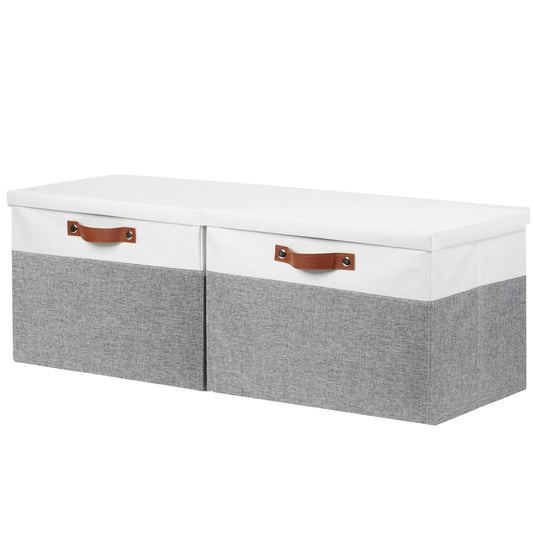 DULLEMELO Fabric Storage Bins with Lid, Set of 2 Large Decorative Storage Boxes for Shelves with Leather Handles, Foldable Storage Baskets for Closet (White&Grey, 17" L x 12" W x 12" H)