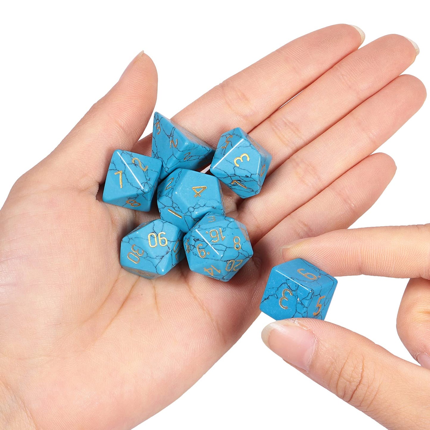 mookaitedecor 7 PCS Blue Howlite Turquoise Crystal Polyhedral DND Dice Set, Polished Tumbled Stones Dices for RPG MTG Table Games Home Decoration