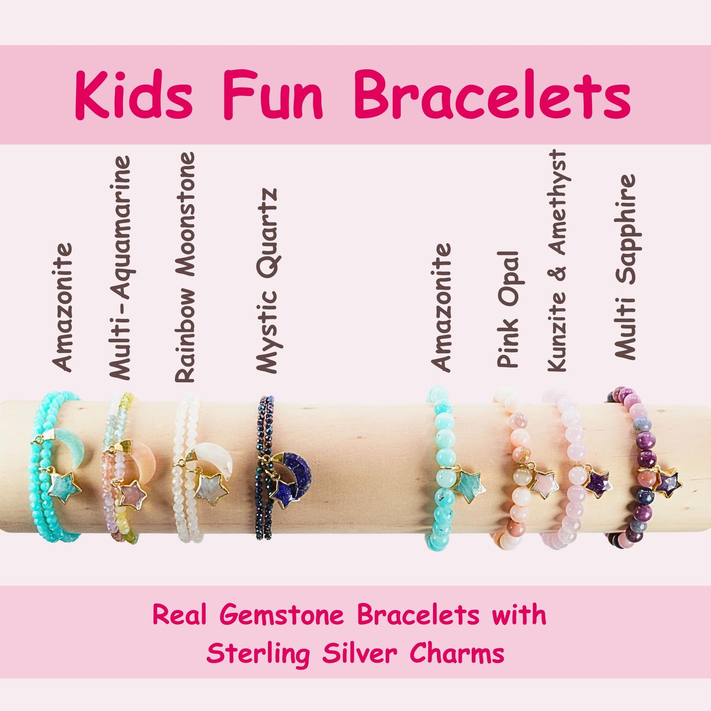 Kunzite Gemstone Bracelet Party Favor for Girls, Toddler Bracelet with Certified 925 Sterling Silver 18K Gold Vermeil Amethyst Crystal Star Charm