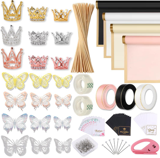 Majreey Floral Wrapping Paper Kit, 80Sheet Waterproof Floral Paper, 3Rolls Ribbon for Flower Bouquet, 2Rolls Transparent Tape,100Pcs Flower Pins, 48Pcs 3D Butterflies, 9Pcs Crowns for Florist Wrapping
