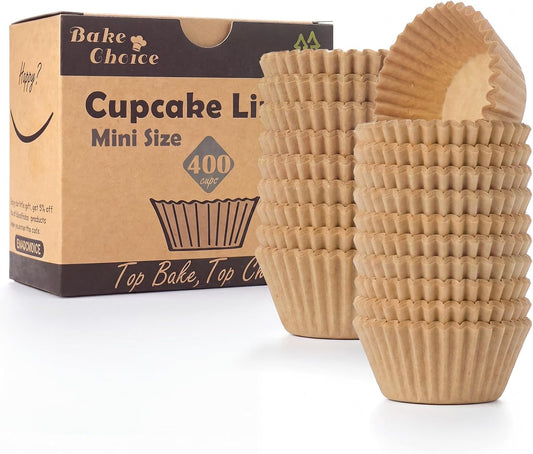 Bake Choice Mini Cupcake Liners - 400 Pcs Non-Stick Natural Parchment for Baking & Muffins