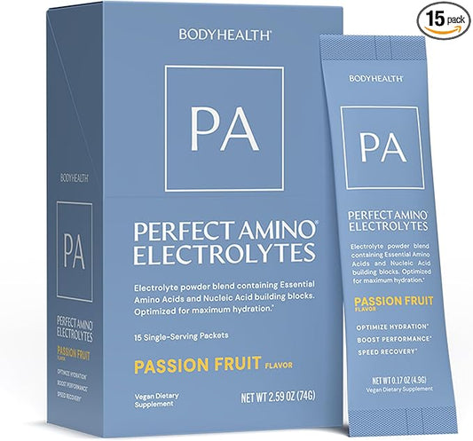 BodyHealth PerfectAmino Electrolyte Drink Mix ??Passionfruit ??No Sugar, Keto & Fasting Friendly, Hydration with Trace Minerals ??Stick Packs