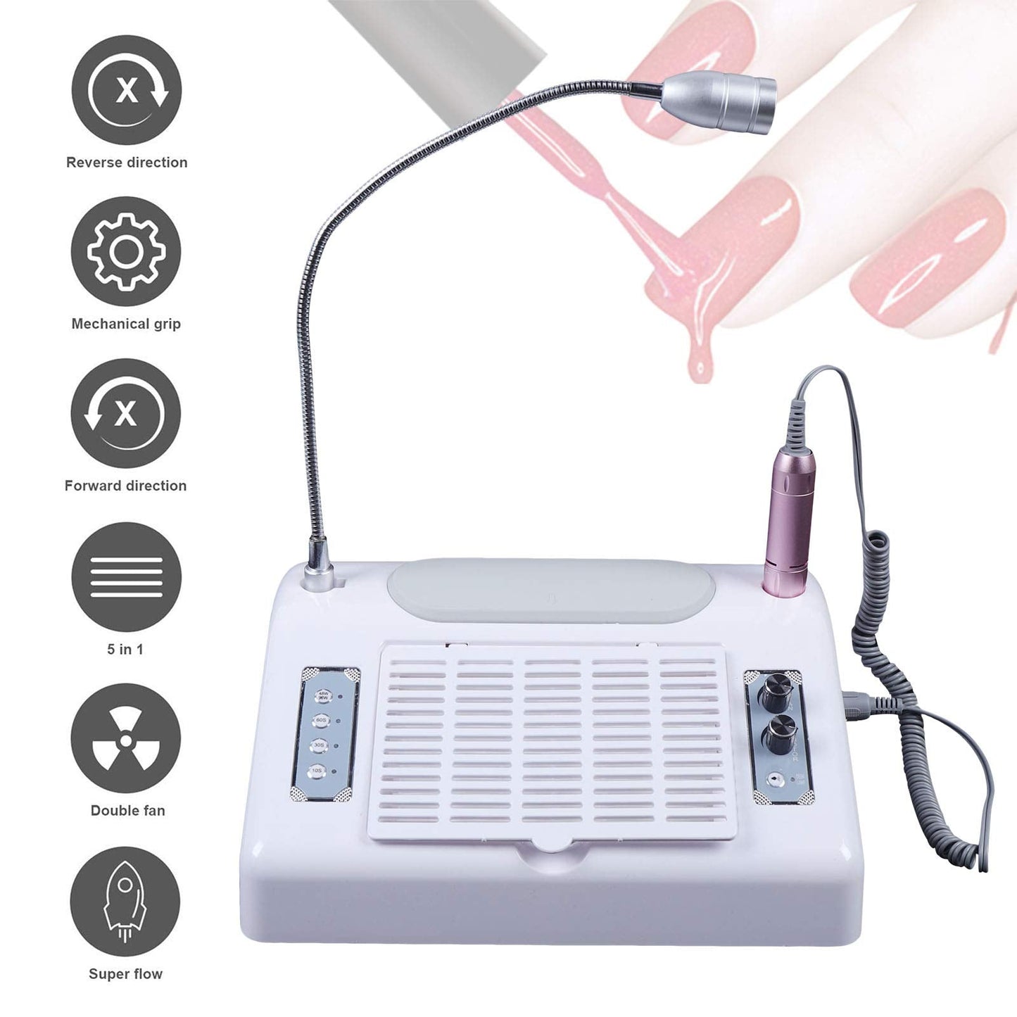 Kathring Nail Dryer Vacuum Multi-Purpose Manicure Machine, 5in1 UV Manicure Machine with 30,000rpm Electric Nail Drill, 96W UV LED Nail Lamp, 6W Table Lamp and Hand Pads for Salons and Homes