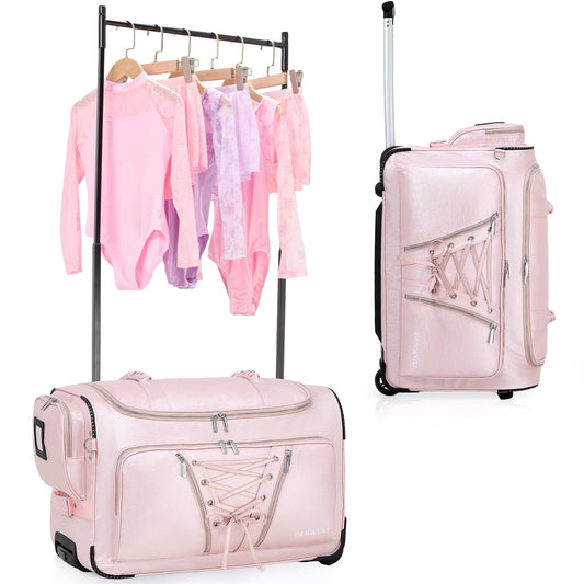 Fanwoli 23" Dance Bag with Garment Rack | Luminous Poise Collection | Waterproof Textured Shimmer | Competition Travel Duffel Luggage for Cheer, Skating, Gymnastics & Sleepover | Stardust Pink