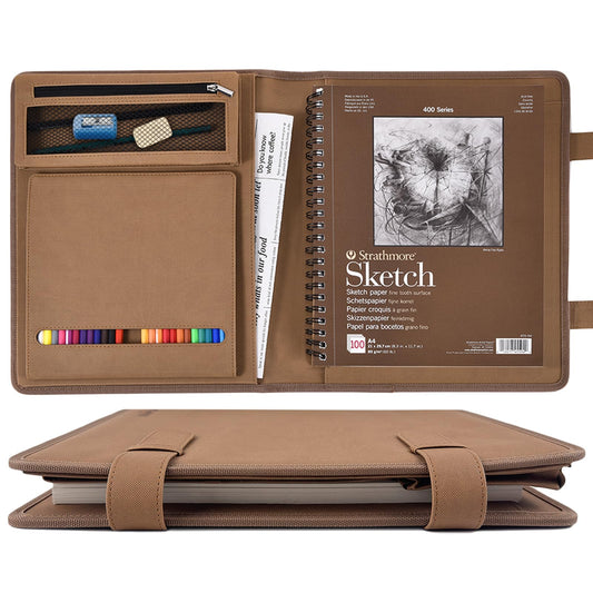 Plinyvel Leather Sketchbook Cover for 9x12 - Travel Portfolio Case with Storage, Holds Large Sketch Book & Spiral Pad | All-in-One Artist Organizer with Pencil Holder (Brown)