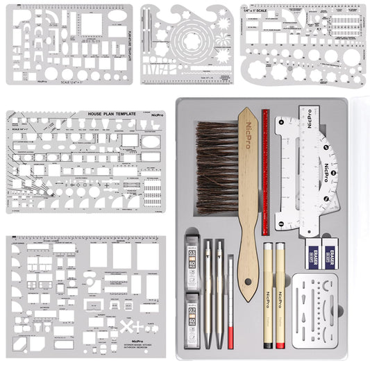Nicpro 21PCS Professional Drafting Tools & Geometry Set with Case, Architect Compass & Protractor Set, Metal Pencils, Pens, Scale Ruler Metal Ruler, 5 Drawing Templates for Interior House Plan Design