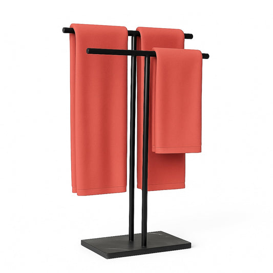 MOONZZIS 40" Standing Towel Rack - Floor Double-T Shape Bath Sheet Holder, Standing Towel Racks for Bathroom, Free Standing Towel Rack, Matte Black Finish, Marble Type Base 6.6lbs