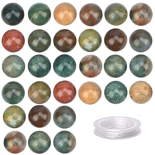 100Pcs Natural Crystal Beads Stone Gemstone Round Loose Energy Healing Beads with Free Crystal Stretch Cord for Jewelry Making (Indian Agate, 8MM)
