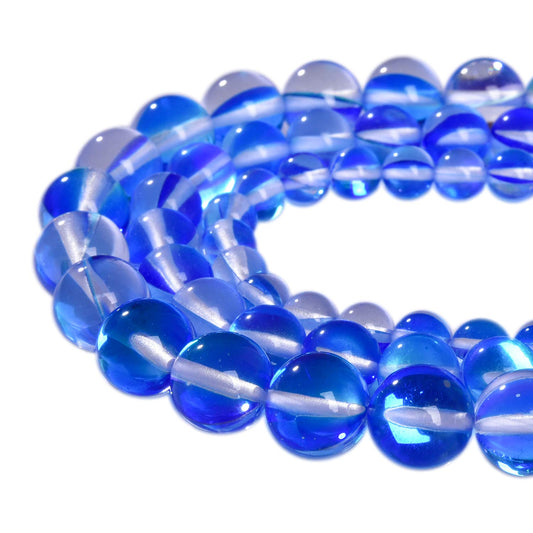 Asingeloo 48PCS 8mm Blue Angel Aura Round Gemstones Polished Mermaid Aura Moonstone Bead Smooth Stone Loose Beads Crystal Quartz for DIY Jewelry Making 1 Strand 15”