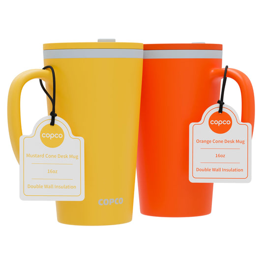 Copco Cone Desk Mug, 16 oz (Set of 2) - Double Wall Insulated Mugs with Handle, Reusable Tumbler Set with Twist-Off Spill Resistant Lid, BPA-Free, Microwave & Dishwasher Safe (Orange/Mustard)