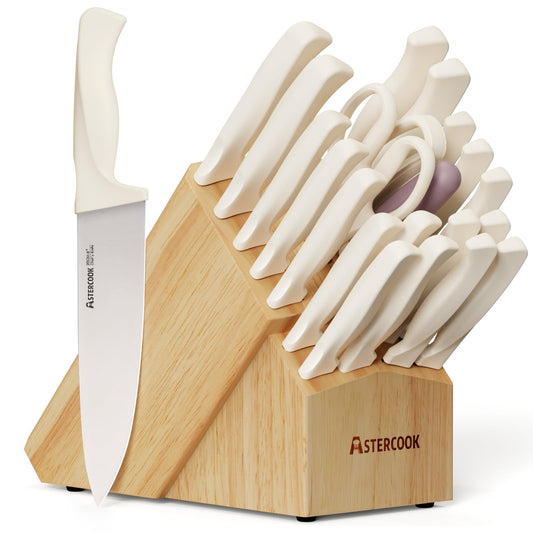 Knife Set, Astercook 22-Piece Kitchen Knife Set with Built-in Sharpener Block, High Carbon Stainless Steel Knives, Dishwasher Safe, Non-Slip Handle, Elegant Cream White Design, Perfect Holiday Gifts