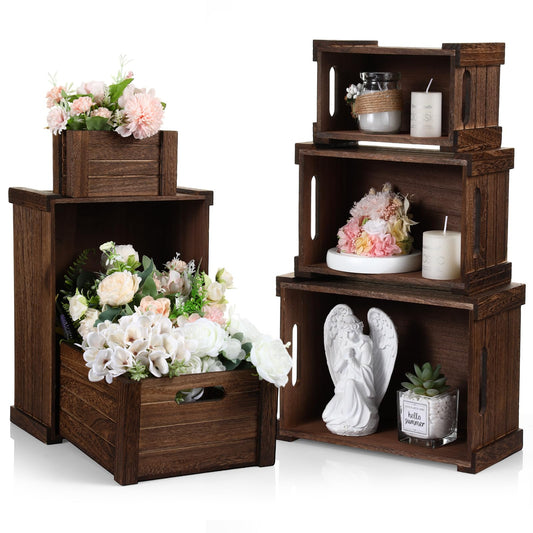 AceOrbit 6 Pcs Decorative Wood Crates for Storage Display 6 Size Rustic Nesting Crates with Handle Farmhouse Wooden Container Boxes for Wedding Bride Shower Party Market Farmers Decor(Dark Brown)