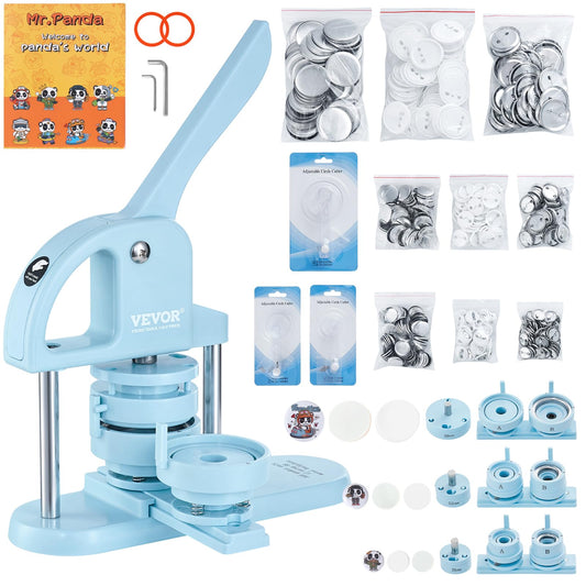 VEVOR Button Maker, 1/1.25/2.28 inch(25/32/58mm) 3-in-1 Pin Maker, 300pcs Button Parts, Ergonomic Arc Handle Punch Press Kit, Button Maker Machine with Panda Magic Book, for Children DIY Gifts, Blue