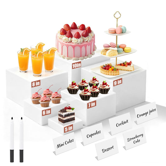 6Pcs Buffet Risers with Mini Sign and Maker, Acrylic Food Risers for Buffet Table, White Food Display Stands for Party, Collectibles Jewelry Display Stand, Acrylic Boxes Nesting Risers(10",9",8",7",6",5")