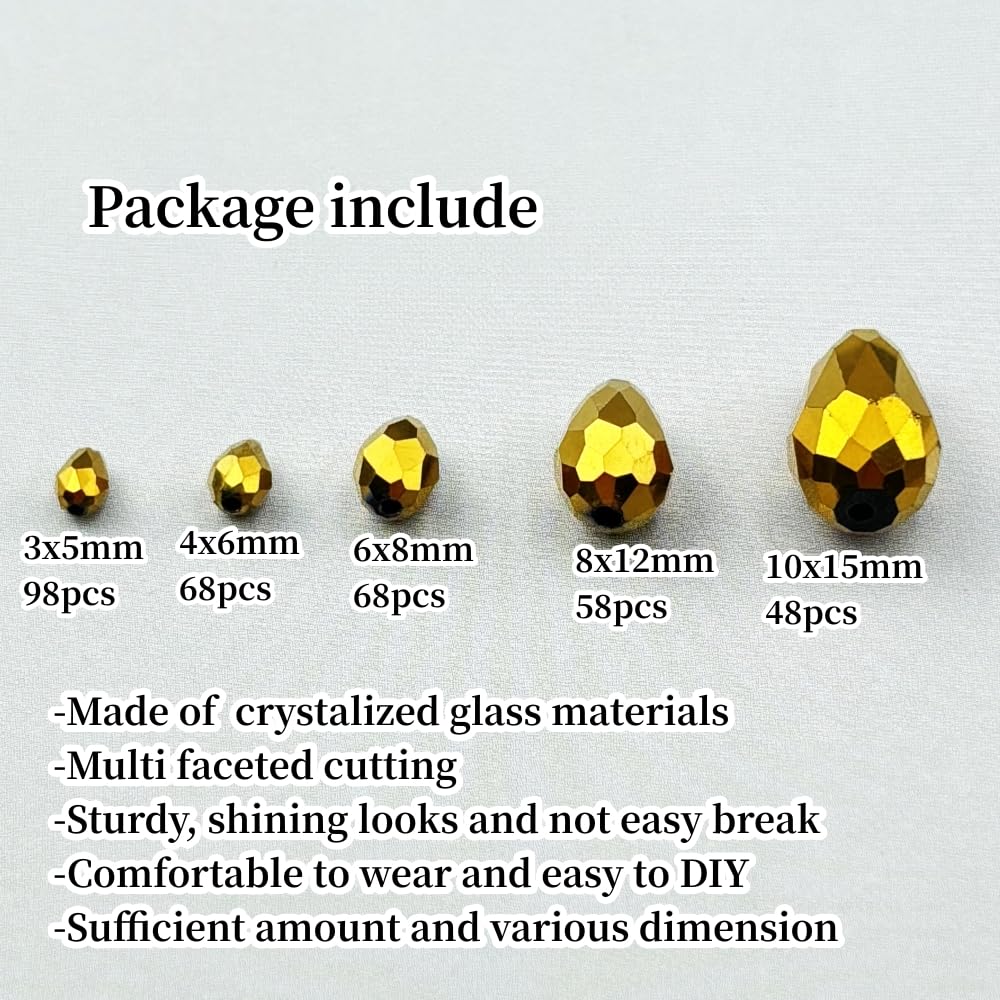Xinhongo 340pcs Teardrop Crystal Glass Beads 3x5mm 4x6mm 6x8mm 8x12mm 10x15mm Vertical Hole Faceted Glass Spacer Beads for Necklace Bracelet Earrings DIY Jewelry Crafts(Gold)