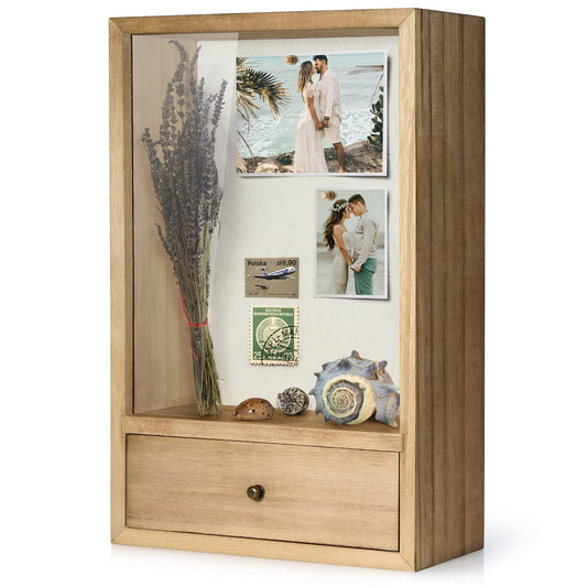 TJ.MOREE Deep Shadow Box Frame with Drawer, Shadowbox Display Case with Glass Window Picture Frame Memorabilia Bouquet Medals Military Photos Memory Box for Keepsakes