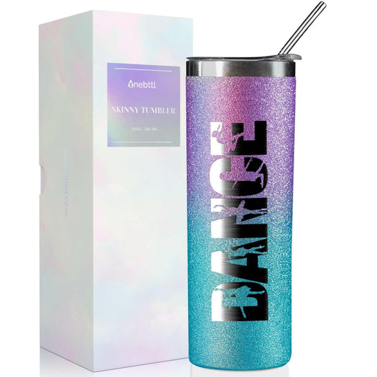 Onebttl Dancer Gifts for Girls, Teens, Her - Dance - 20oz/590ml Stainless Steel Insulated Glitter Skinny Tumbler with Straw, Lid - Dance Themed Gifts for Women - (Purple-Blue Gradient)