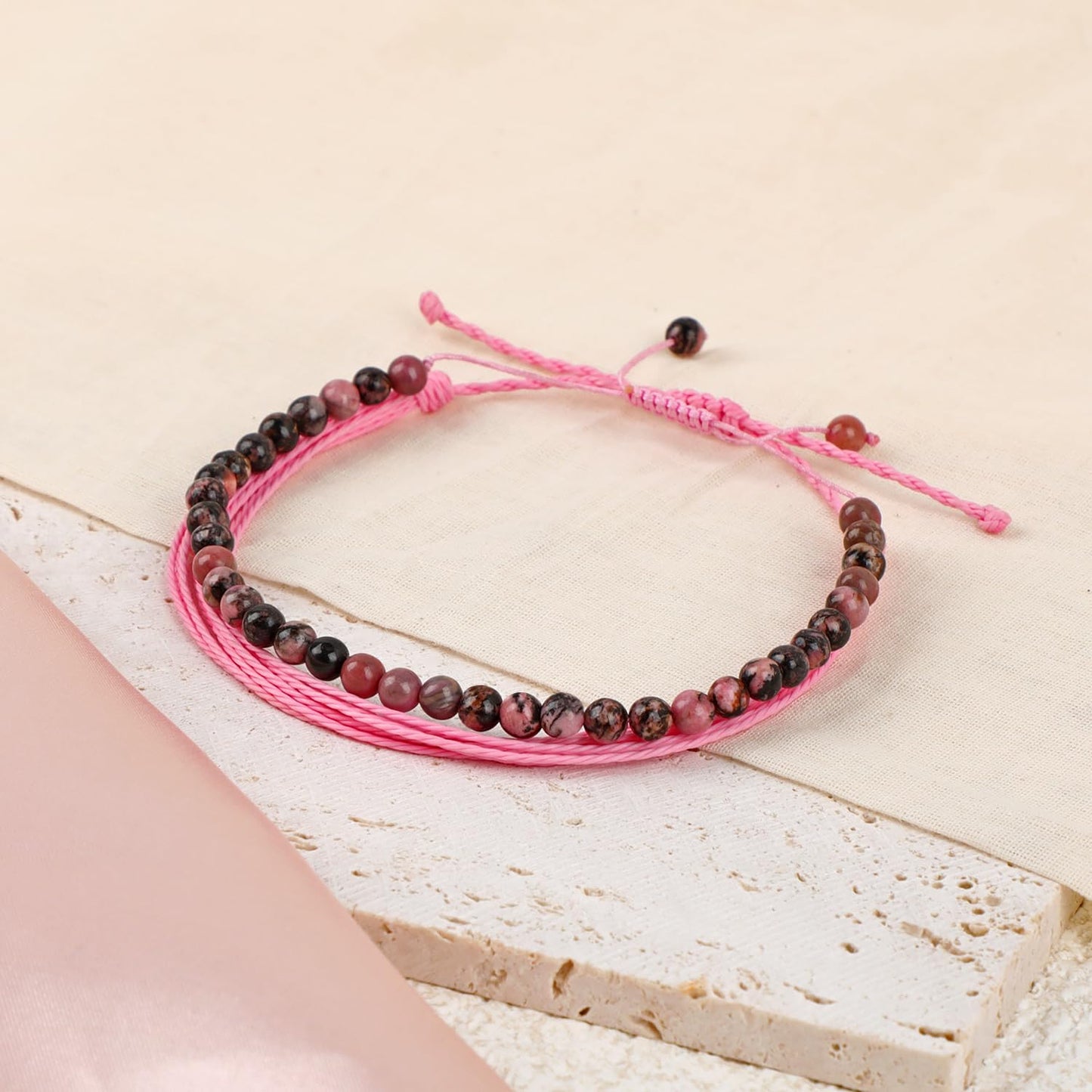 LPBeads 4mm Pink Black Rhodonite Bracelet with Handmade Rope Bracelet Size Adjustable Natural Stone Crystal Healing Bracelets Gifts for Unisex Adults