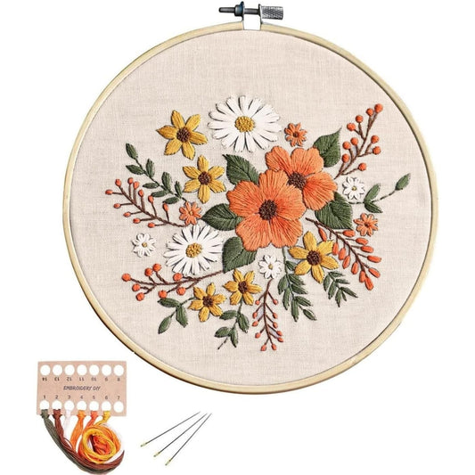 Arte Vita Embroidery Starter Kit Orange Flower Pattern Full Range DIY Beginner Hand Stitch Set Including Stamped Cloth, Bamboo Hoop, Color Threads, Needles Floral
