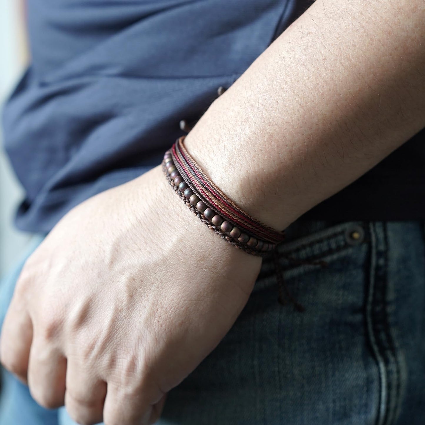 Handmade Natural Stone Beaded Healing Bracelet Gift for Men Adjustable Rope String Bracelet (Hematite/Burn, Adjustable)