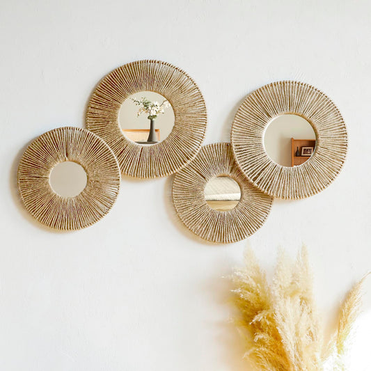 Artilady 4 Pack Hanging Baskets Wall Art - Decorative Woven Wicker Basket Boho Wall Hanging, Rustic Round Mirrors Natural Jute Home Decor Set for Bedroom Living Room Nursery