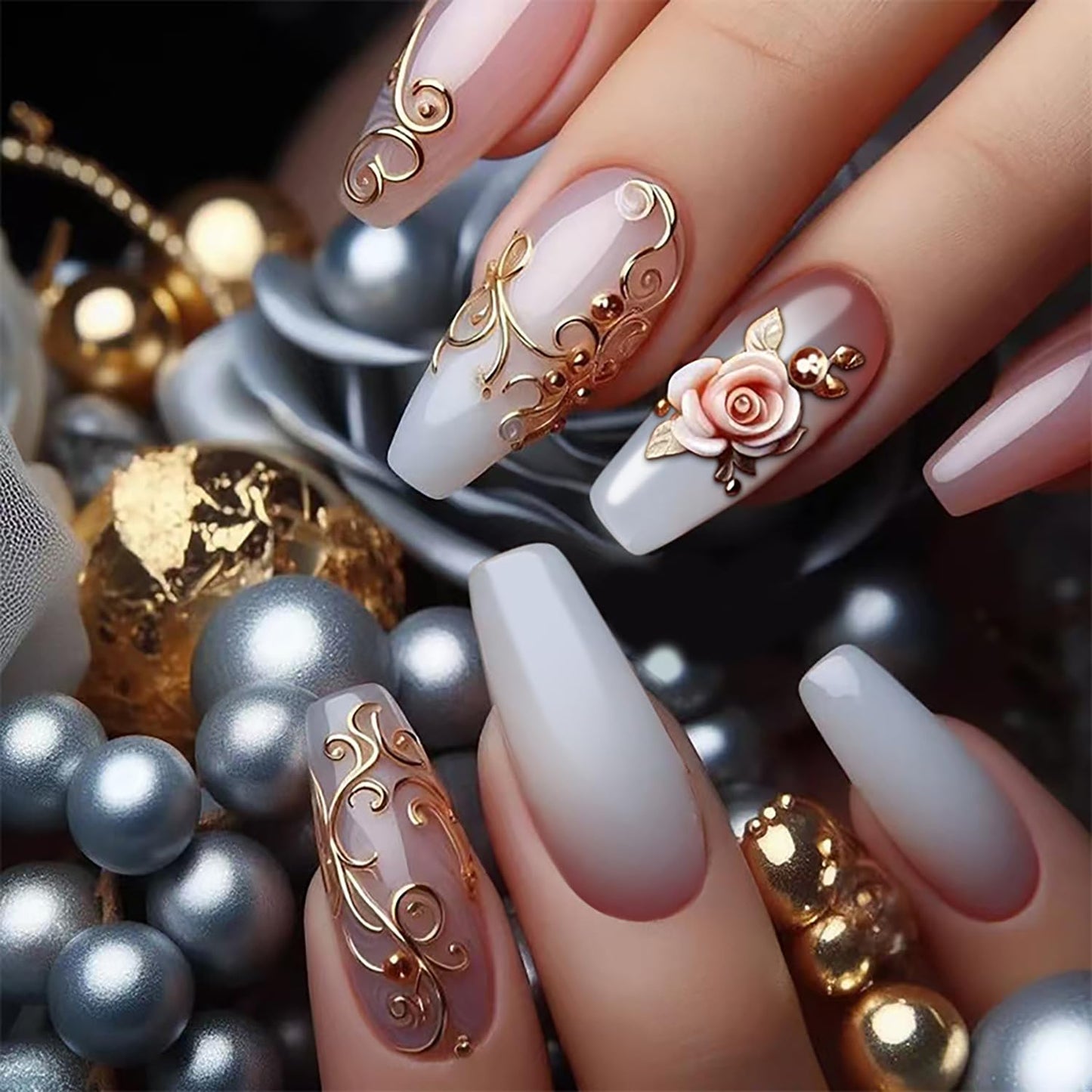 24Pcs Rose Flower Press on Nails Medium Ballet Shaped Gold Lines Design Gradient Acrylic Fake Nail Full Cover Glossy Blossom Stick on Nail Floral Artificial Fingernails DIY Glue on Nails for Women