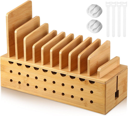 Burbell 10 Bamboo Charging Station for Multiple Devices, Cell Phone Docking Charging Station Organizer and Cord