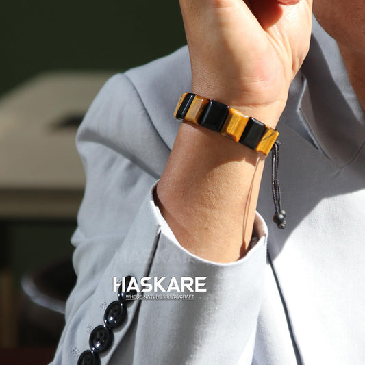 HASKARE Natural Stone Beads Men Bracelet Energy Flatbead Bracelet Genuine Tiger Eye Black Obsidian Beaded Crystals Handcrafted Adjustable Protection Jewelry for Dad Brother Husband