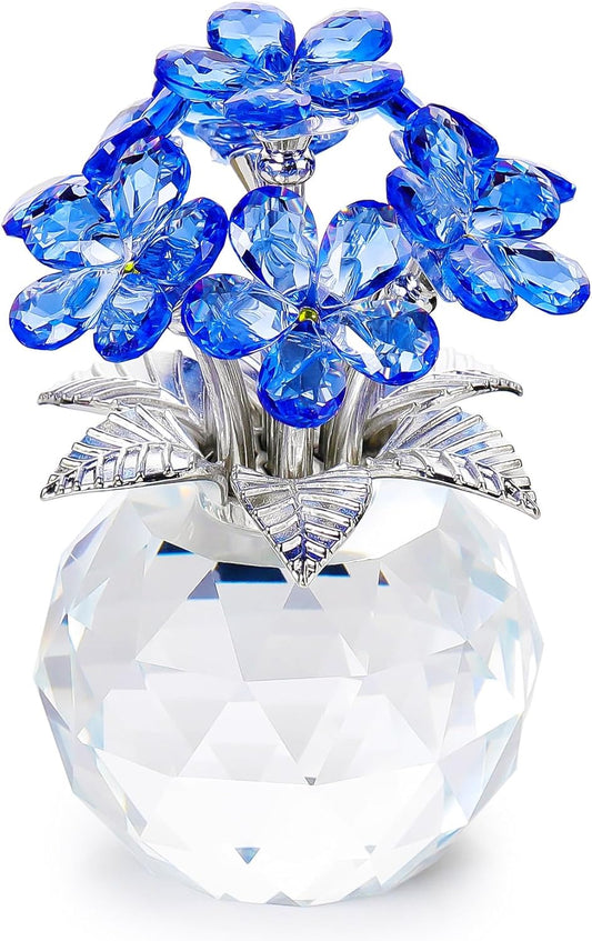 YWHL Blue Crystal Forget-Me-Not Flowers | Handmade Glass Flower Bouquet Figurine for Tabletop Decor