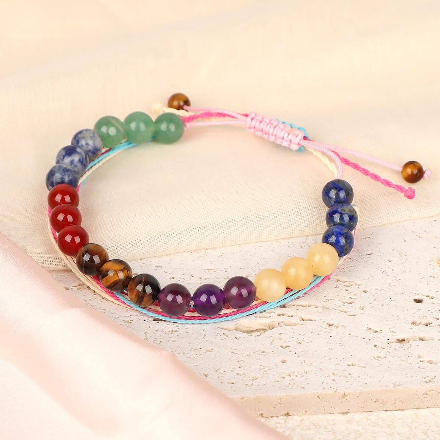 LPBeads 8mm Chakra Bracelet with Handmade Rope Bracelet Size Adjustable Natural Stone Crystal Healing Bracelets Gifts for Unisex Adults