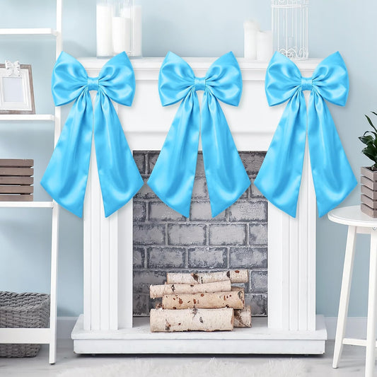Suncalla Large Sky Blue Satin Bow Decorations - 3 Pcs 2 Ft Hanging Wall Decor for Weddings & Parties